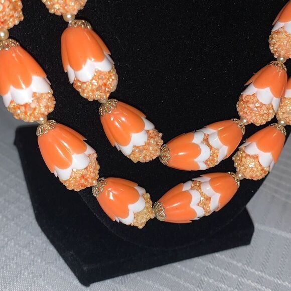Vintage Coral Plastic Bead Multi Strand Necklace Japan - Picture 2 of 16